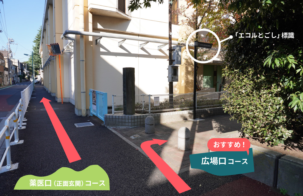 【広場口コース】戸越公園に繋がる通路を右に進みます。